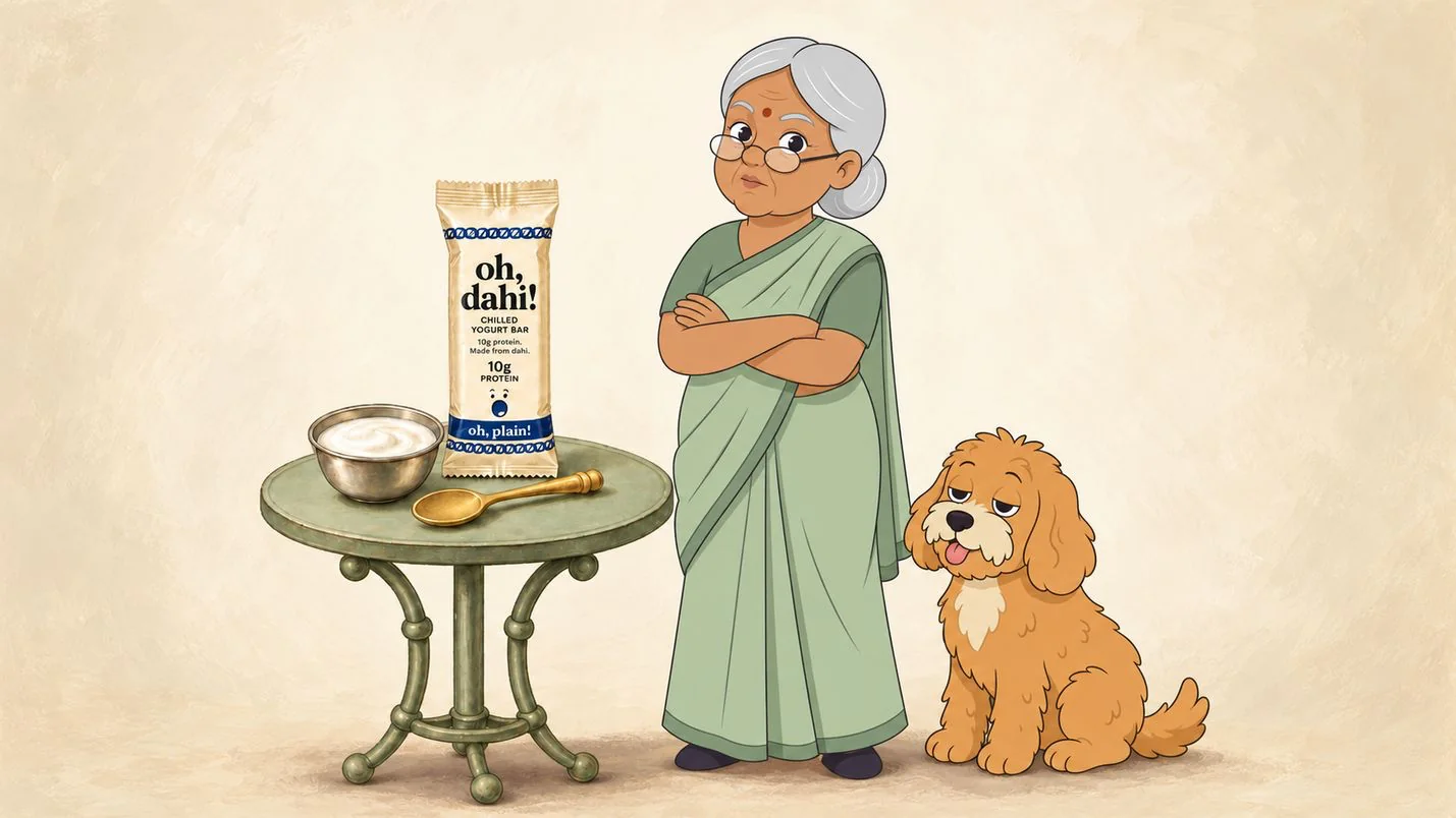 The Oh, Dahi! pack and a katori of dahi on a table, with a sceptical Dadi and sleepy Truffle beside them.