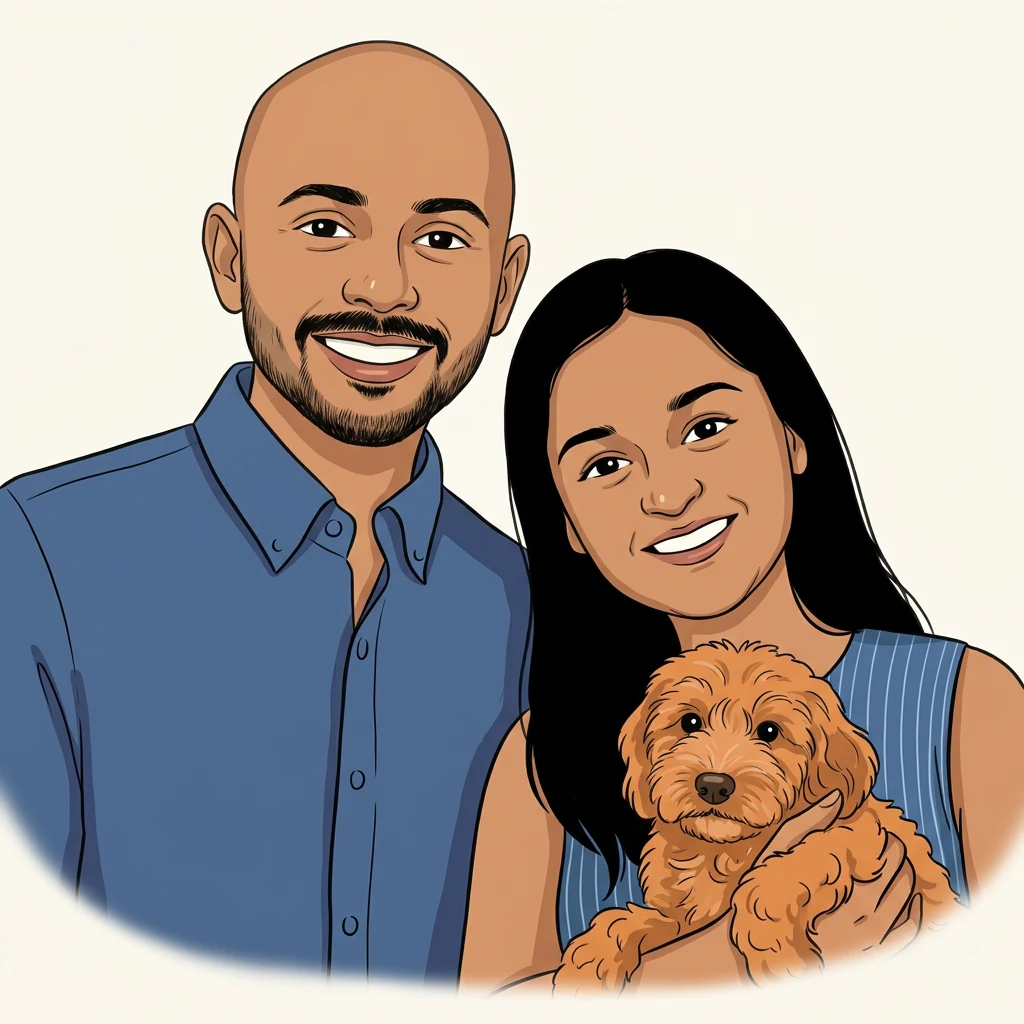 Prasanna and Shreya smiling together, with Truffle in Shreya’s arms.