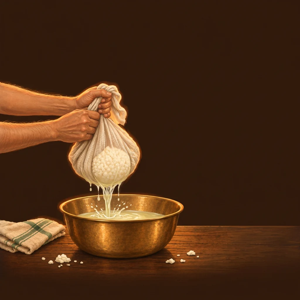 Chenna strained: a close-up of a home cook's hands preparing the bar.