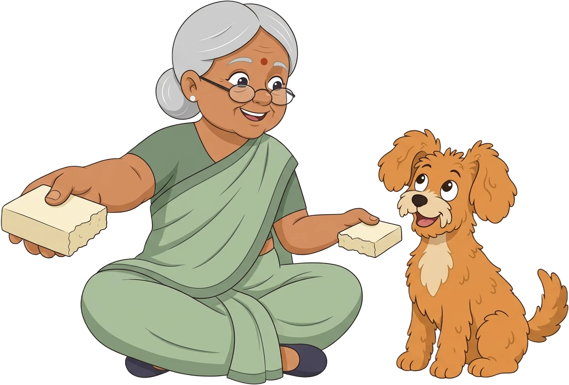 Dadi has broken the bar in half, offering one half to you and the other toward an excited Truffle.